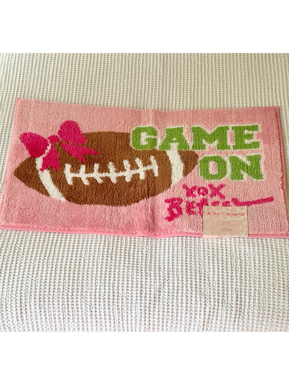 Betsey Johnson Game On Football Bath Mat Rug Pink Bow Coquette Dopamine Decor